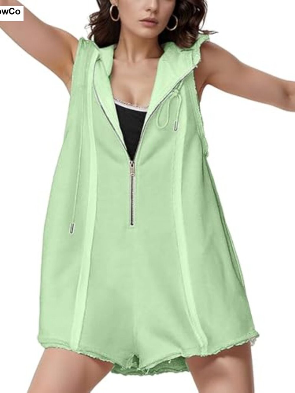 Sleeveless Zip-Front Hooded Romper Jumpsuit with Pockets Casual Loose Fit